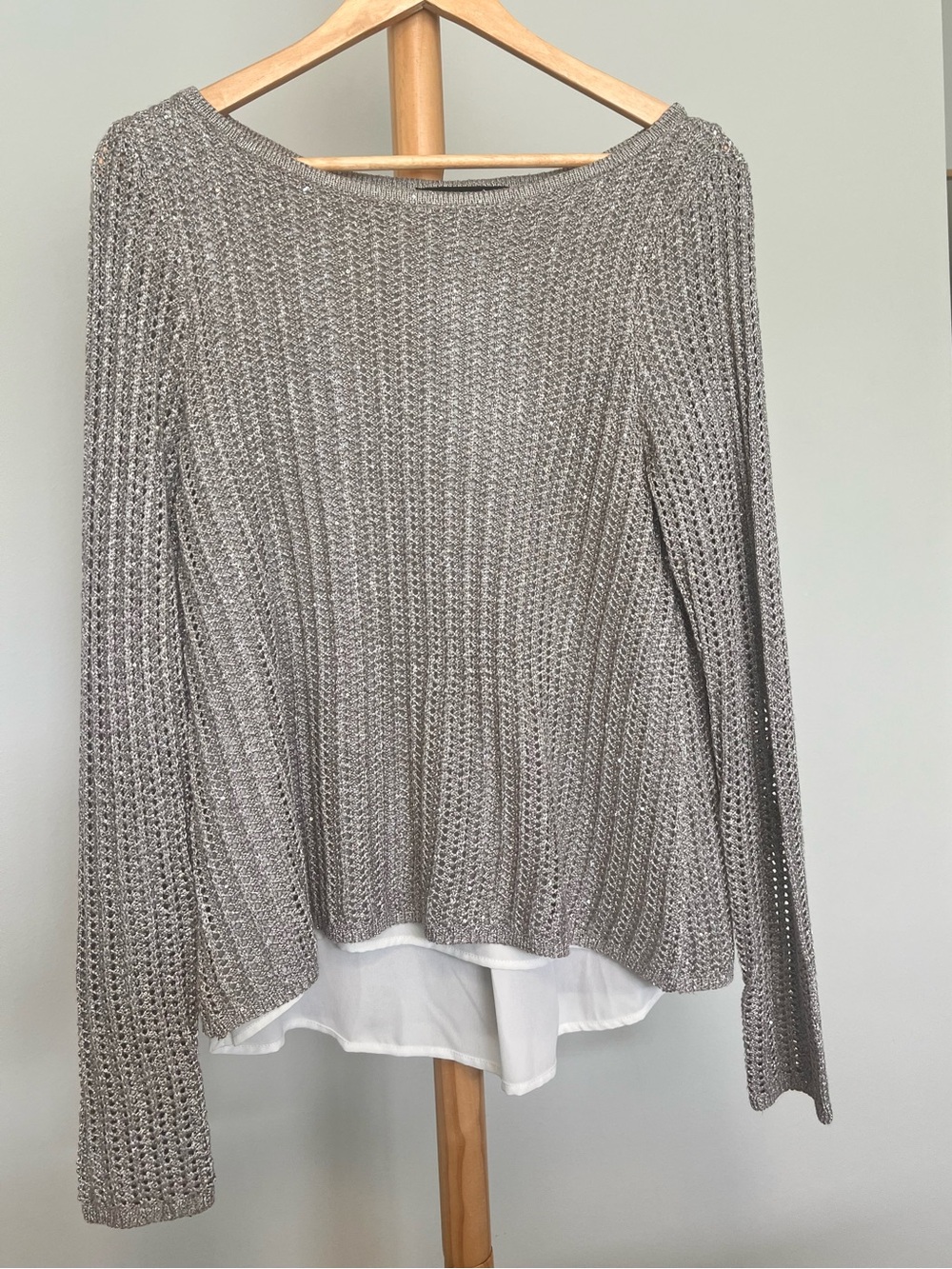 White House Black Market Knit Layered Hem sparkly Women's Sweater - Light Gray M